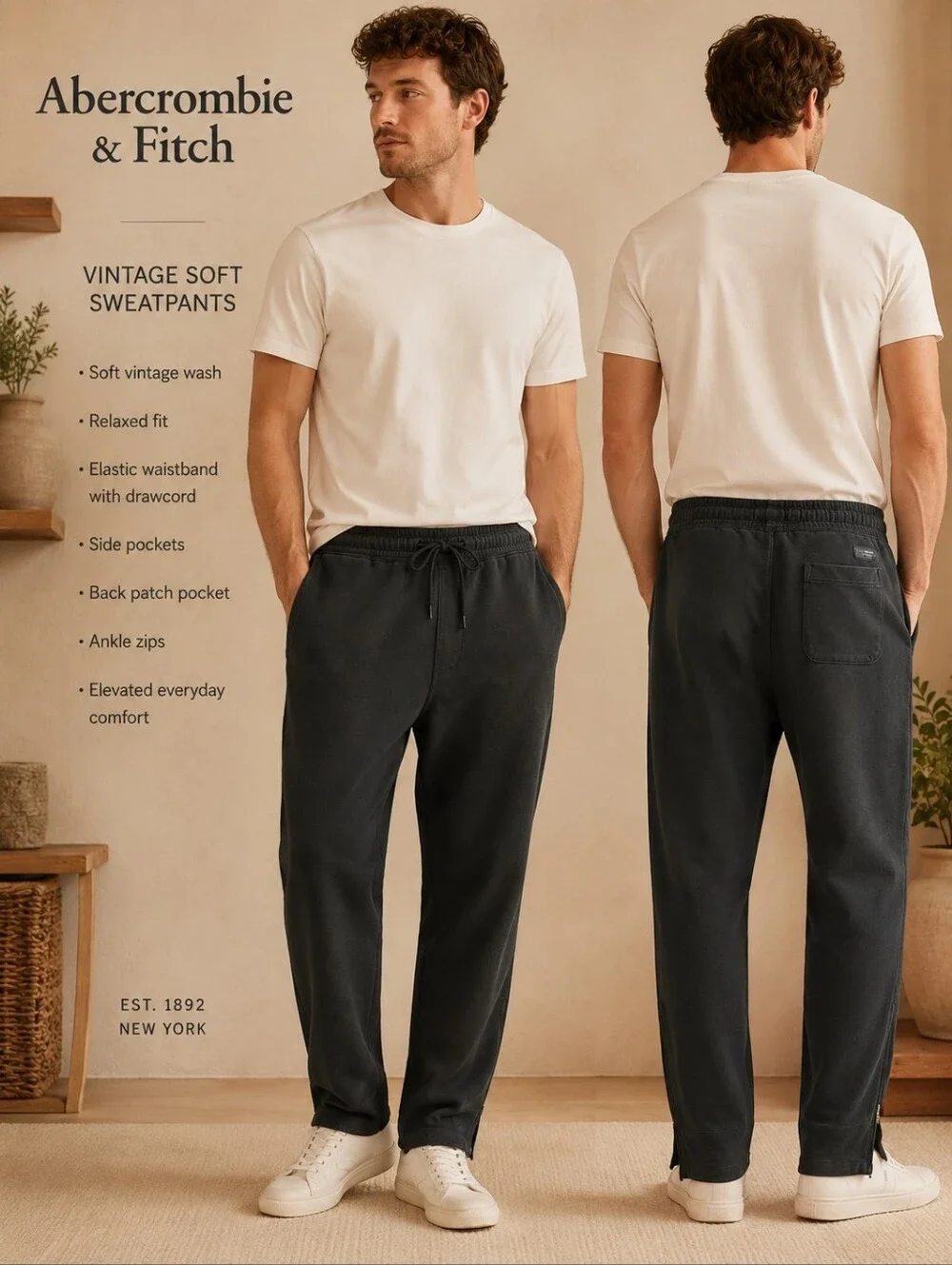 Abercrombie & Fitch Black Sweatpants Joggers Ankle Zip Drawstring Pockets Size S